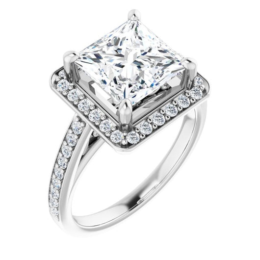 10K White Gold Customizable Princess/Square Cut Style with Halo and Sculptural Trellis