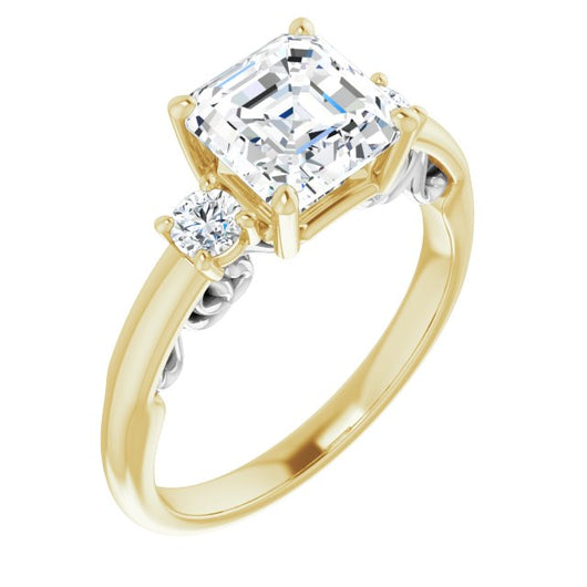 14K Yellow & White Gold Customizable Asscher Cut 3-stone Style featuring Heart-Motif Band Enhancement