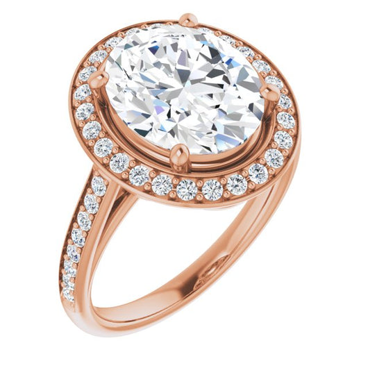 10K Rose Gold Customizable Cathedral-raised Oval Cut Halo-and-Accented Band Design