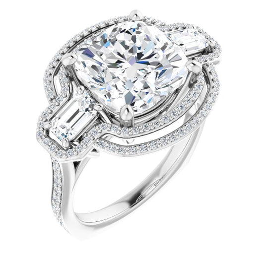 10K White Gold Customizable Enhanced 3-stone Style with Cushion Cut Center, Emerald Cut Accents, Double Halo and Thin Shared Prong Band