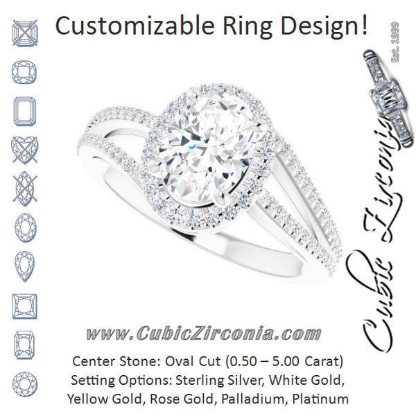 Cubic Zirconia Engagement Ring- The Claudette (Customizable Oval Cut Vintage Design with Halo Style and Asymmetrical Split-Pavé Band)