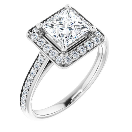 10K White Gold Customizable Cathedral-raised Princess/Square Cut Halo-and-Accented Band Design