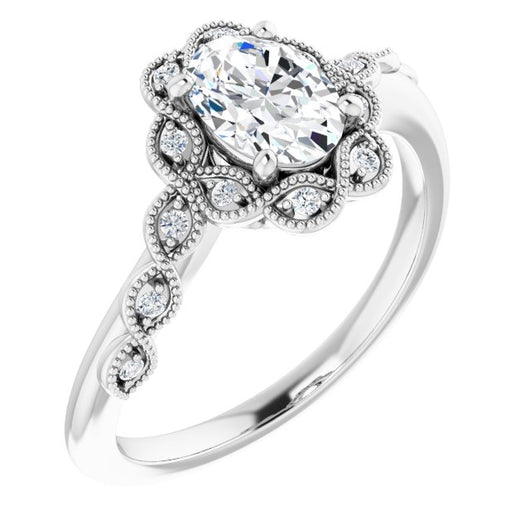 10K White Gold Customizable 3-stone Design with Oval Cut Center and Halo Enhancement