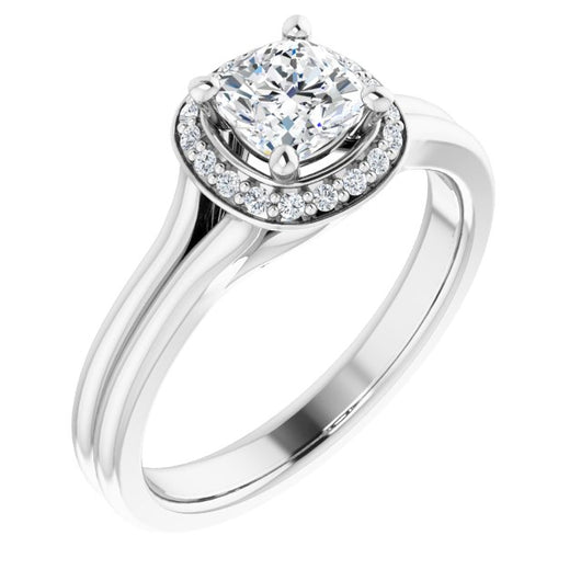 10K White Gold Customizable Cathedral-set Cushion Cut Design with Split-band & Halo Accents