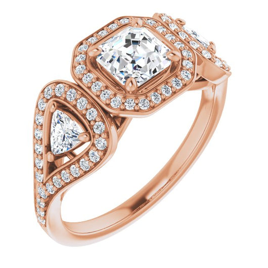 10K Rose Gold Customizable Cathedral-set Asscher Cut Design with 2 Trillion Cut Accents, Halo and Split-Shared Prong Band