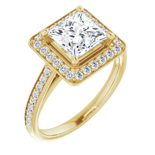 10K Yellow Gold Customizable Cathedral-raised Princess/Square Cut Halo-and-Accented Band Design