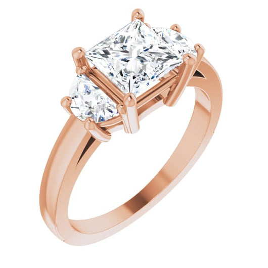 10K Rose Gold Customizable 3-stone Design with Princess/Square Cut Center and Half-moon Side Stones