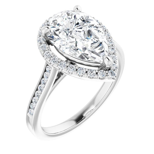 10K White Gold Customizable Pear Cut Design with Halo, Round Channel Band and Floating Peekaboo Accents