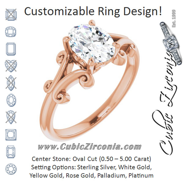 Cubic Zirconia Engagement Ring- The Paisley (Customizable Oval Cut Solitaire with Band Flourish and Decorative Trellis)