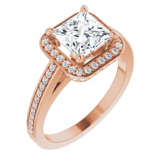 10K Rose Gold Customizable Cathedral-set Princess/Square Cut Design with Halo, Thin Pavé Band & Round-Bezel Peekaboos