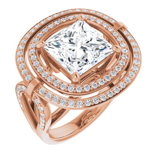 10K Rose Gold Customizable Cathedral-set Princess/Square Cut Design with Double Halo & Accented Ultra-wide Horseshoe-inspired Split Band