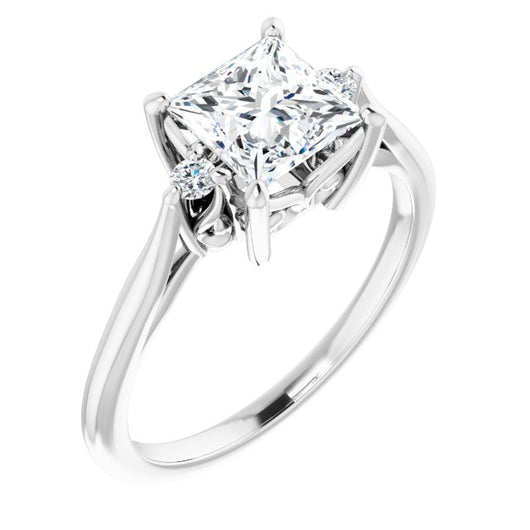 10K White Gold Customizable Three-stone Princess/Square Cut Design with Small Round Accents and Vintage Trellis/Basket