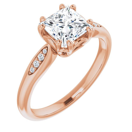 10K Rose Gold Customizable 9-stone Princess/Square Cut Design with 8-prong Decorative Basket & Round Cut Side Stones