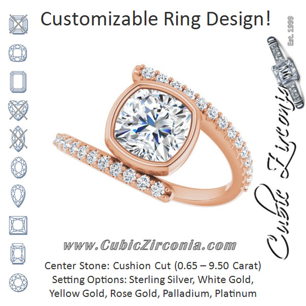 Cubic Zirconia Engagement Ring- The Pocahontas (Customizable Bezel-set Cushion Cut Design with Bypass Pavé Band)