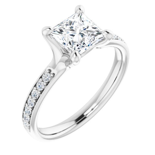 10K White Gold Customizable Heavy Prong-Set Princess/Square Cut Style with Round Cut Band Accents