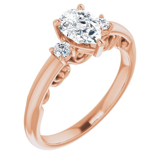 10K Rose Gold Customizable Pear Cut 3-stone Style featuring Heart-Motif Band Enhancement