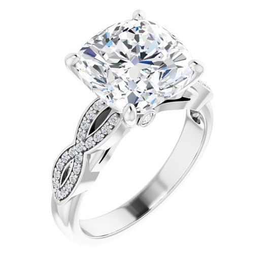 10K White Gold Customizable Cushion Cut Design featuring Infinity Pavé Band and Round-Bezel Peekaboos