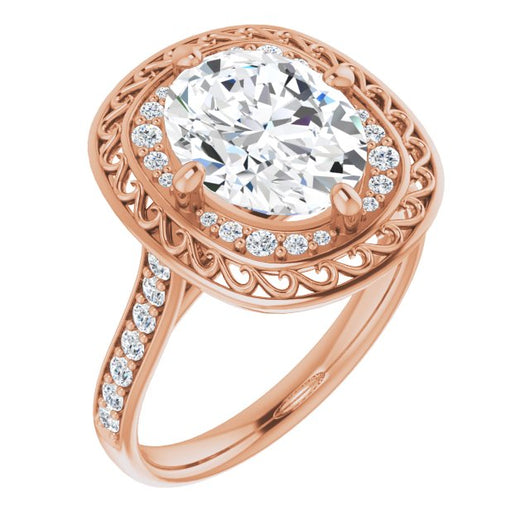 10K Rose Gold Customizable Cathedral-style Oval Cut featuring Cluster Accented Filigree Setting & Shared Prong Band