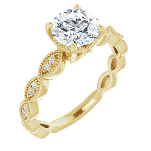 10K Yellow Gold Customizable Round Cut Artisan Design with Scalloped, Round-Accented Band and Milgrain Detail