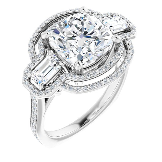 10K White Gold Customizable Enhanced 3-stone Style with Cushion Cut Center, Emerald Cut Accents, Double Halo and Thin Shared Prong Band