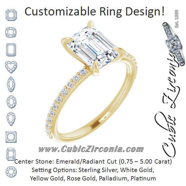 Cubic Zirconia Engagement Ring- The Geraldine Lea (Customizable Emerald Cut Style with Delicate Pavé Band)