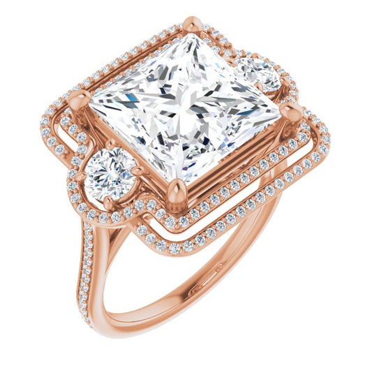 10K Rose Gold Customizable Enhanced 3-stone Double-Halo Style with Princess/Square Cut Center and Thin Band