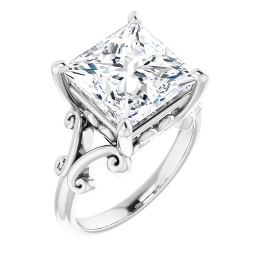 10K White Gold Customizable Princess/Square Cut Solitaire with Band Flourish and Decorative Trellis