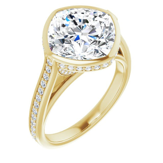 10K Yellow Gold Customizable Cathedral-Bezel Cushion Cut Design with Under Halo and Shared Prong Band