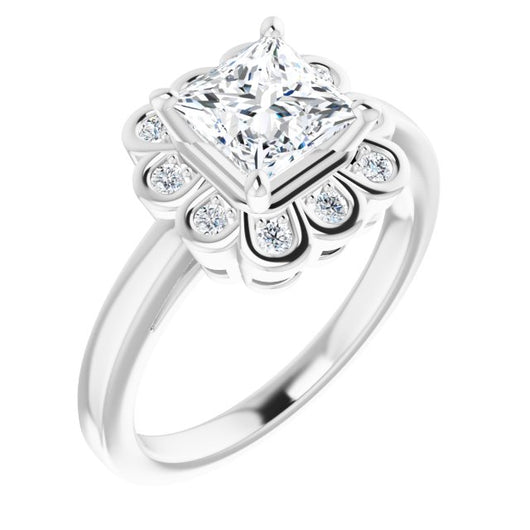 10K White Gold Customizable 9-stone Princess/Square Cut Design with Round Bezel Side Stones