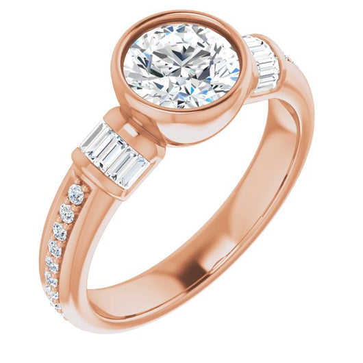 10K Rose Gold Customizable Cathedral-Bezel Round Cut Style with Horizontal Baguettes & Shared Prong Band