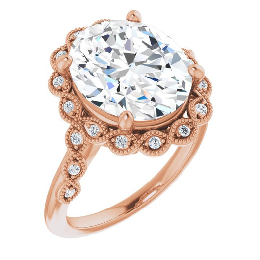 10K Rose Gold Customizable 3-stone Design with Oval Cut Center and Halo Enhancement