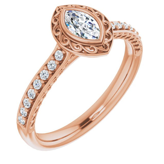 10K Rose Gold Customizable Cathedral-Bezel Marquise Cut Design featuring Accented Band with Filigree Inlay