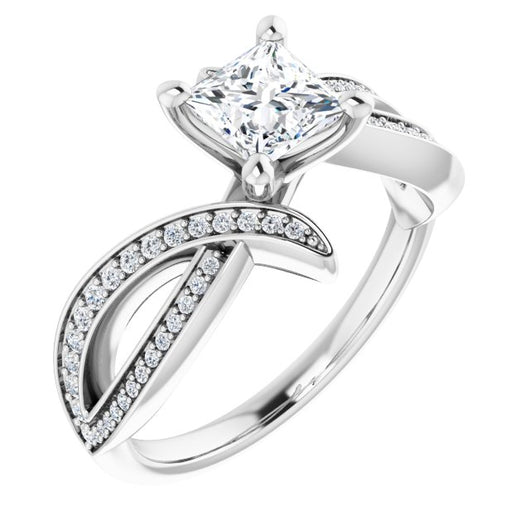 10K White Gold Customizable Princess/Square Cut Design with Swooping Pavé Bypass Band