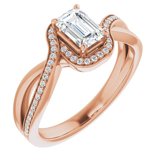 10K Rose Gold Customizable Bypass-Halo-Accented Emerald/Radiant Cut Center with Twisting Split Shared Prong Band