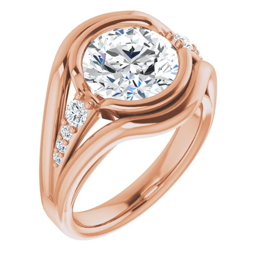 10K Rose Gold Customizable 9-stone Round Cut Design with Bezel Center, Wide Band and Round Prong Side Stones