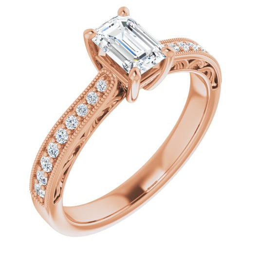 10K Rose Gold Customizable Emerald/Radiant Cut Design with Round Band Accents and Three-sided Filigree Engraving