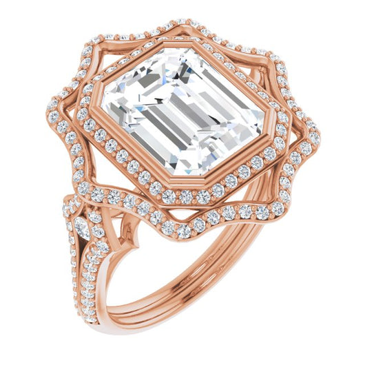 10K Rose Gold Customizable Emerald/Radiant Cut Style with Ultra-wide Pavé Split-Band and Nature-Inspired Double Halo