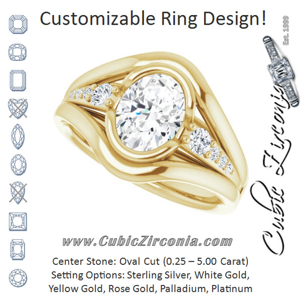 Cubic Zirconia Engagement Ring- The Naira (Customizable 9-stone Oval Cut Design with Bezel Center, Wide Band and Round Prong Side Stones)