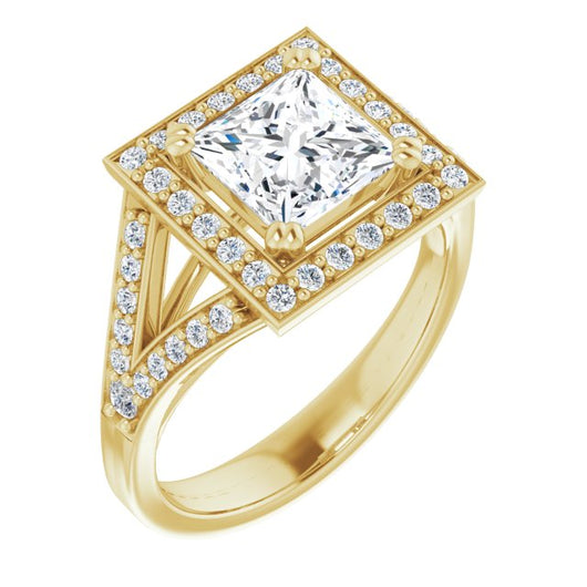 10K Yellow Gold Customizable Cathedral-set Princess/Square Cut Style with Accented Split Band and Halo