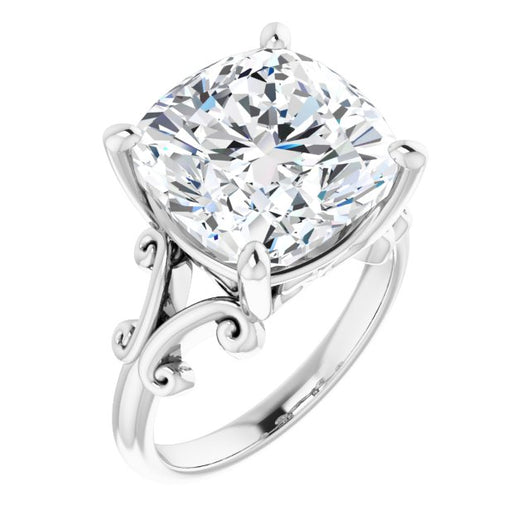 10K White Gold Customizable Cushion Cut Solitaire with Band Flourish and Decorative Trellis