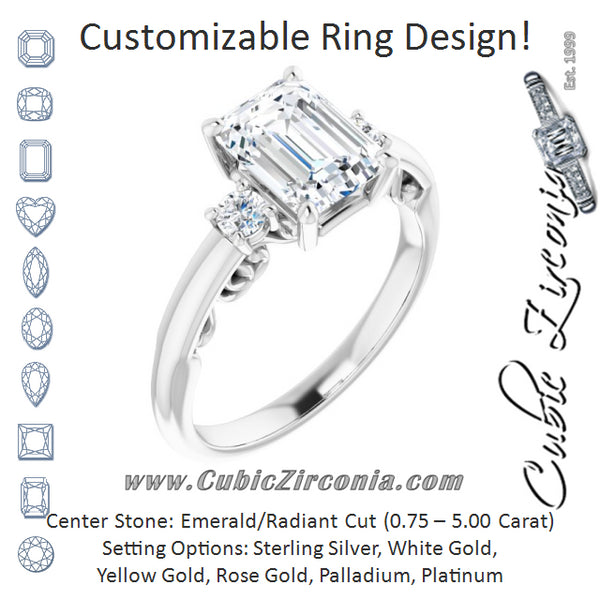 Cubic Zirconia Engagement Ring- The Danika (Customizable Emerald Cut 3-stone Style featuring Heart-Motif Band Enhancement)