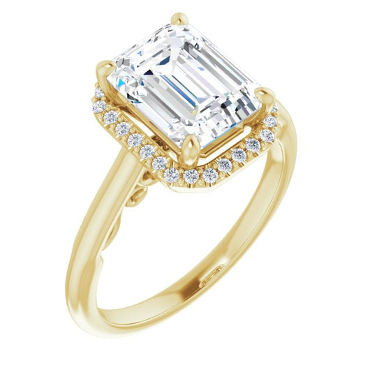 10K Yellow Gold Customizable Cathedral-Halo Emerald/Radiant Cut Style featuring Sculptural Trellis