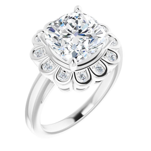 10K White Gold Customizable 9-stone Cushion Cut Design with Round Bezel Side Stones