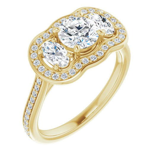 10K Yellow Gold Customizable Round Cut Style with Oval Cut Accents, 3-stone Halo & Thin Shared Prong Band