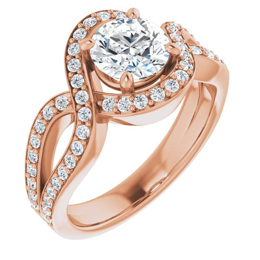 10K Rose Gold Customizable Round Cut Center with Infinity-inspired Split Shared Prong Band and Bypass Halo