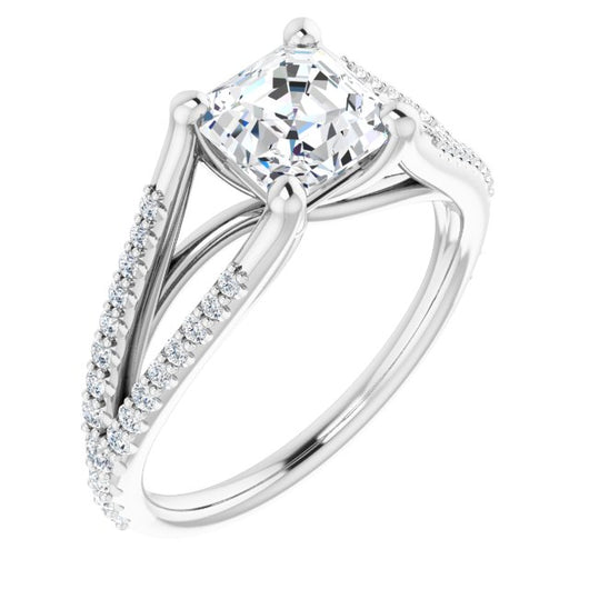 10K White Gold Customizable Cathedral-raised Asscher Cut Center with Exquisite Accented Split-band