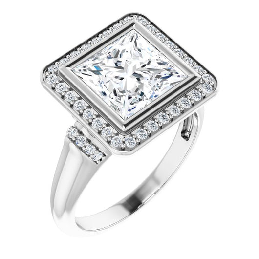 10K White Gold Customizable Bezel-set Princess/Square Cut Design with Halo and Vertical Round Channel Accents