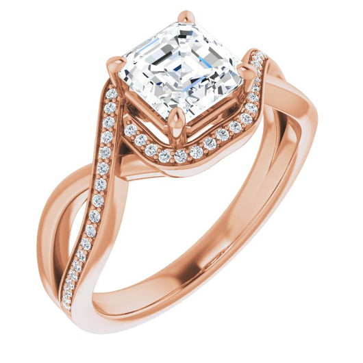 10K Rose Gold Customizable Bypass-Halo-Accented Asscher Cut Center with Twisting Split Shared Prong Band