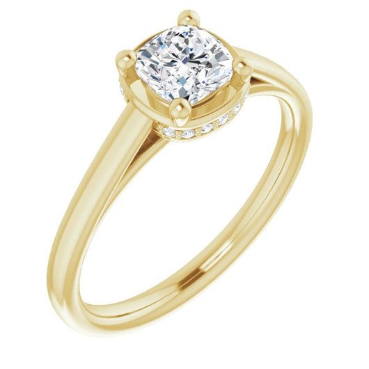 10K Yellow Gold Customizable Super-Cathedral Cushion Cut Design with Hidden-stone Under-halo Trellis