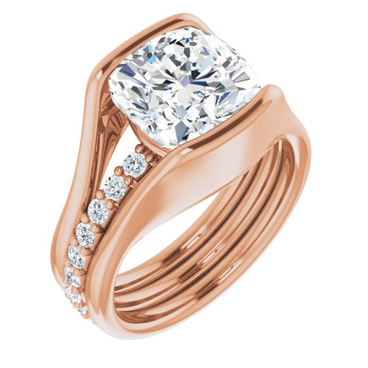 10K Rose Gold Customizable Bezel-set Cushion Cut Style with Thick Pavé Band